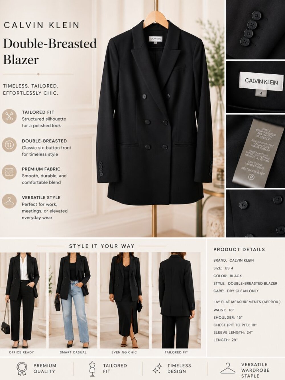 Calvin Klein Black Double-Breasted Suit Jacket Structured Tailored Blazer Size 4